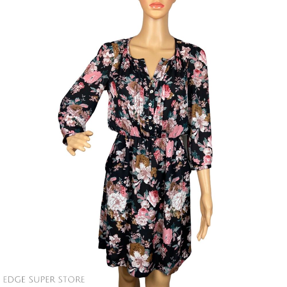 Daniel Rainn Black Pink Floral Pleated Button Up 3/4 Sleeve Dress Size XSmall